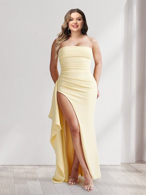 Light Yellow Strapless Ruffle Maxi Dress with Slit-Plus Size