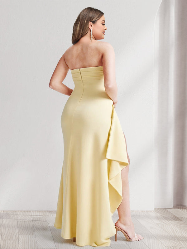 Light Yellow Strapless Ruffle Maxi Dress with Slit-Plus Size