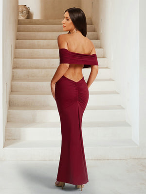 Sheath/Column Off-the-Shoulder Pleated Fitted Long Bridesmaid Dresses