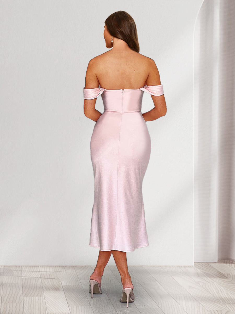 Sheath/Column Off-the-Shoulder Tea-Length Fitted Wedding Guest Dresses