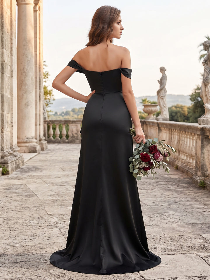 Sheath/Column Off-the-Shoulder Ruched Long Bridesmaid Dresses with High Slit
