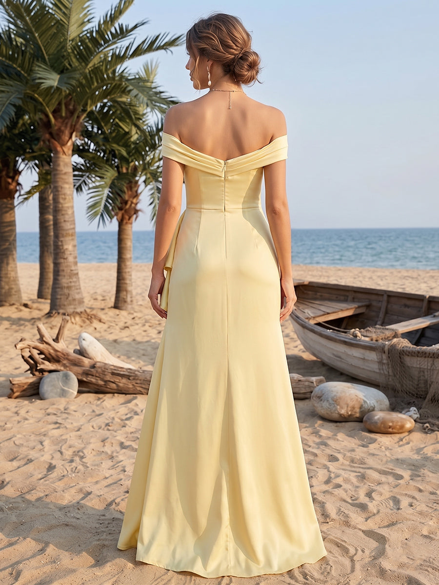 Sheath/Column Off-the-Shoulder Long Bridesmaid Dresses with Ruched &amp; Split Side
