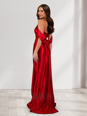 Sheath/Column V-Neck Cold Shoulder Ruched Bridesmaid Dresses with Split Side