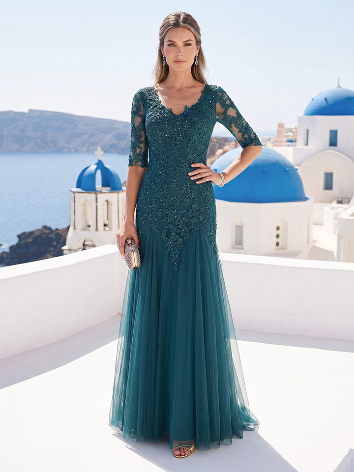 Trumpet/Mermaid V-Neck Half Sleeves Long Mother of the Bride Dresses with Appliques