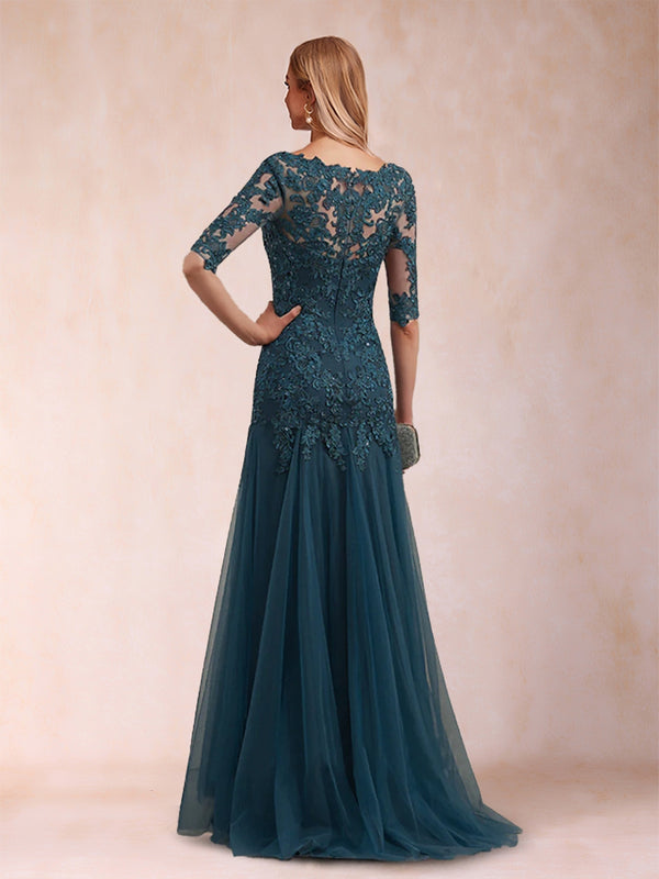 Trumpet/Mermaid V-Neck Half Sleeves Long Mother of the Bride Dresses with Appliques