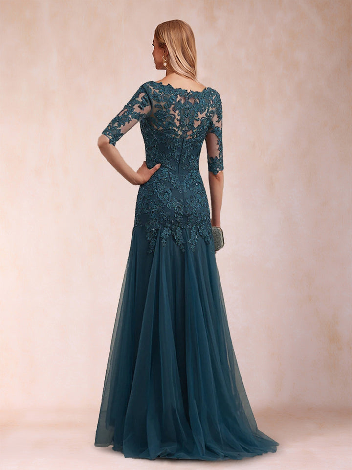 Trumpet/Mermaid V-Neck Half Sleeves Long Mother of the Bride Dresses with Appliques