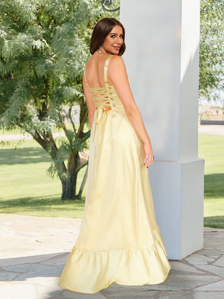 A-Line/Princess Straps Floor-Length Lace-Up Bridesmaid Dresses with Split Side