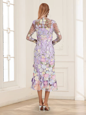 Sheath/Column High Neck Tea-Length Long Sleeves Floral Mother of the Bride Dresses with Appliques