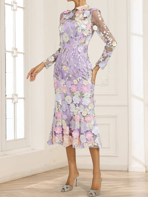 Sheath/Column High Neck Tea-Length Long Sleeves Floral Mother of the Bride Dresses with Appliques