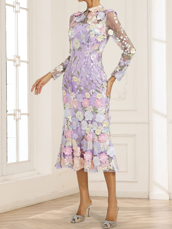 Sheath/Column High Neck Tea-Length Long Sleeves Floral Mother of the Bride Dresses with Appliques
