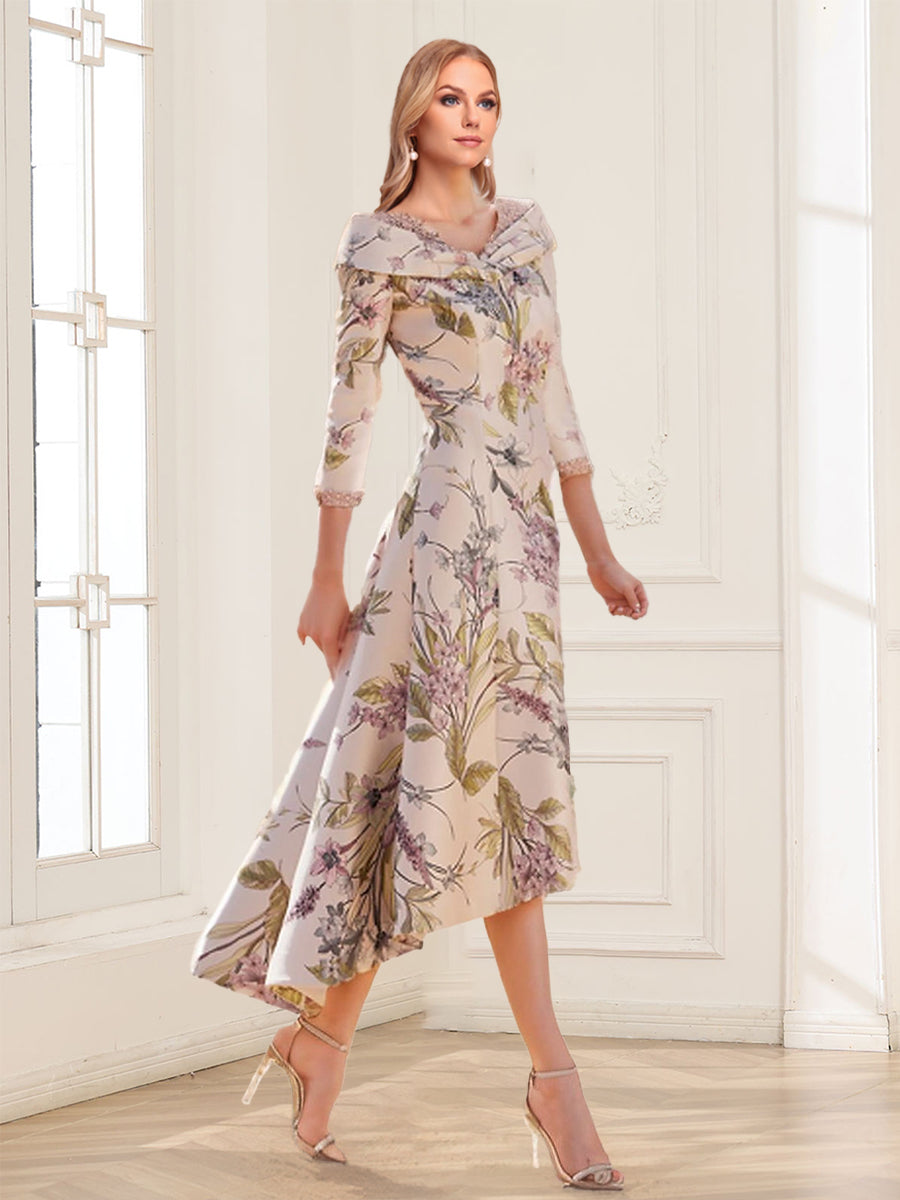 2026 Mother of the Bride & Groom Dress Floral Print 3/4 Sleeve Off-the-Shoulder Ruched Satin Lavetir Champagne Formal