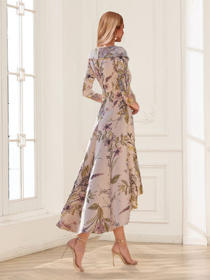 A-Line/Princess V-Neck 3/4 Sleeves Printed Floral Asymmetrical Mother of the Bride Dresses