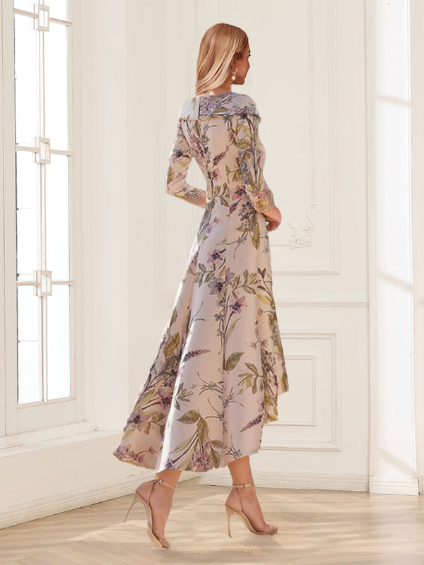 A-Line/Princess V-Neck 3/4 Sleeves Printed Floral Asymmetrical Mother of the Bride Dresses