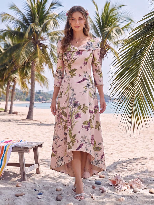 A-Line/Princess V-Neck 3/4 Sleeves Asymmetrical Printed Floral Mother of the Bride Dresses