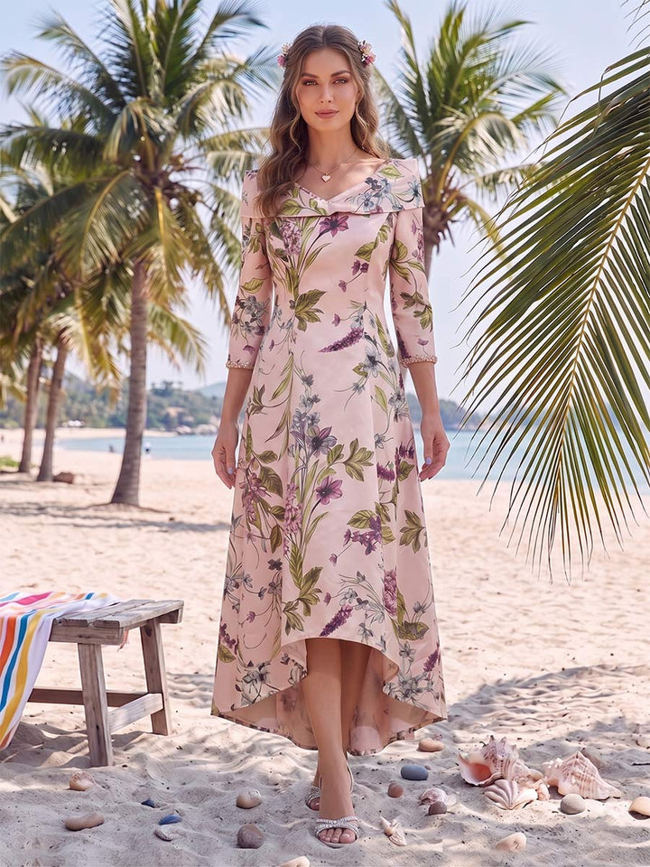 A-Line/Princess V-Neck 3/4 Sleeves Asymmetrical Printed Floral Mother of the Bride Dresses