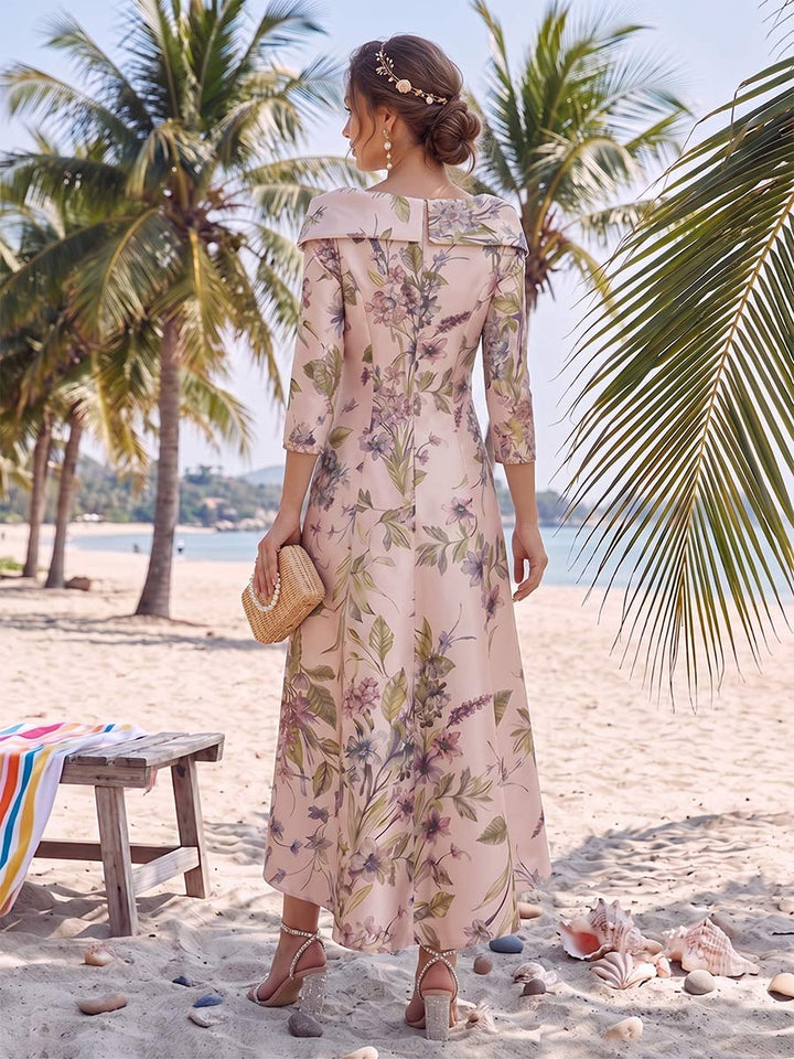 A-Line/Princess V-Neck 3/4 Sleeves Asymmetrical Printed Floral Mother of the Bride Dresses