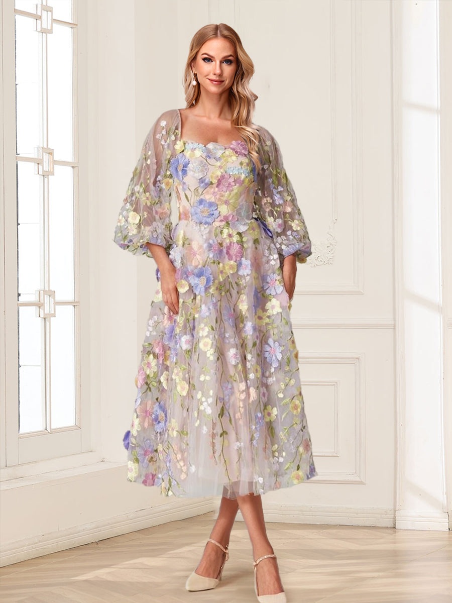 A-Line/Princess Square Neck Puff Sleeves Tea-Length Floral Mother of the Bride Dresses with Appliques