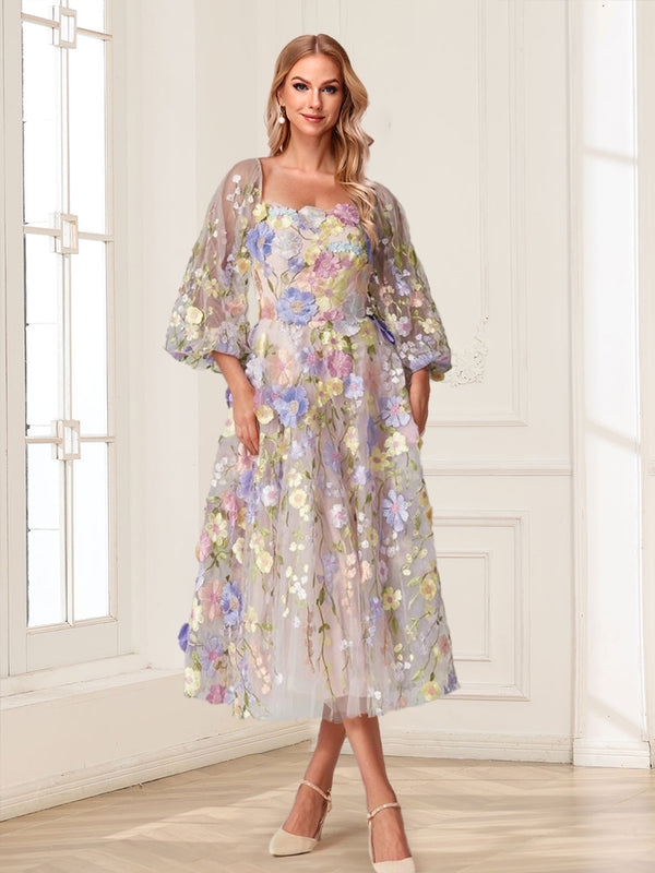 A-Line/Princess Square Neck Puff Sleeves Tea-Length Floral Mother of the Bride Dresses with Appliques