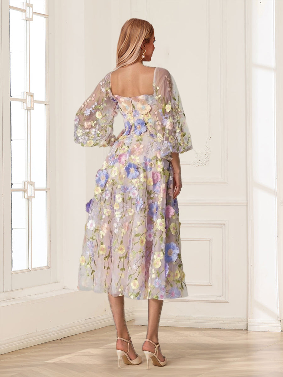 A-Line/Princess Square Neck Puff Sleeves Tea-Length Floral Mother of the Bride Dresses with Appliques