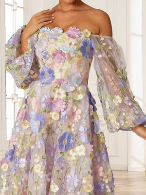 A-Line/Princess Square Neck Puff Sleeves Tea-Length Floral Mother of the Bride Dresses with Appliques