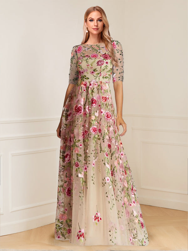 A-Line/Princess Scoop Half Sleeves Floor-Length Floral Mother of the Bride Dresses
