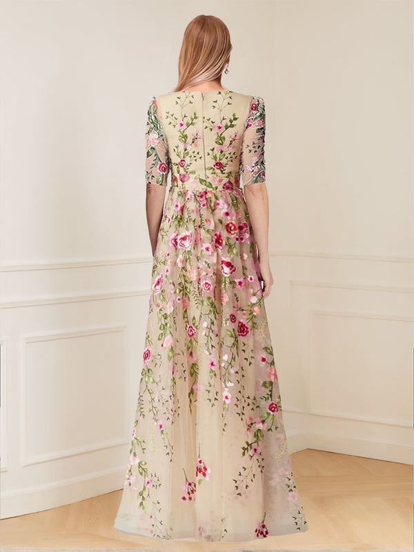 A-Line/Princess Scoop Half Sleeves Floor-Length Floral Mother of the Bride Dresses