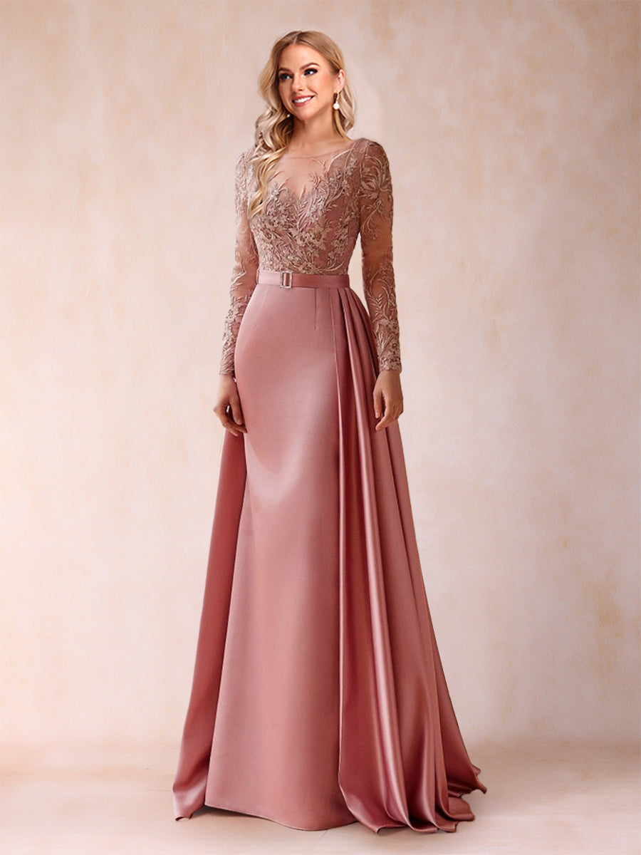 Mother of the Bride Dresses for Women A-Line Scoop Long Sleeves Floor-Length Pleated Formal Wedding Guest Gowns with Appliques