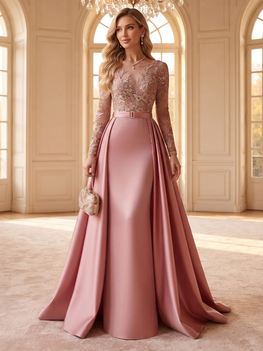 A-Line/Princess Scoop Long Sleeves Satin Floor-Length Formal Dresses with Appliques &amp; Pleats