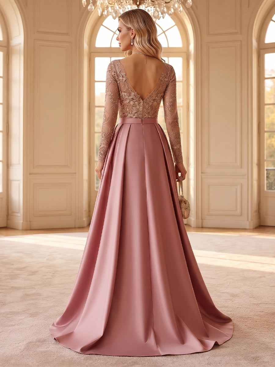 A-Line/Princess Scoop Long Sleeves Satin Floor-Length Formal Dresses with Appliques &amp; Pleats
