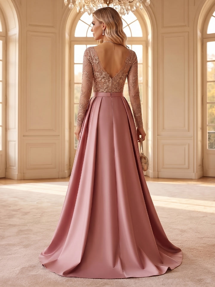 A-Line/Princess Scoop Long Sleeves Satin Floor-Length Formal Dresses with Appliques &amp; Pleats