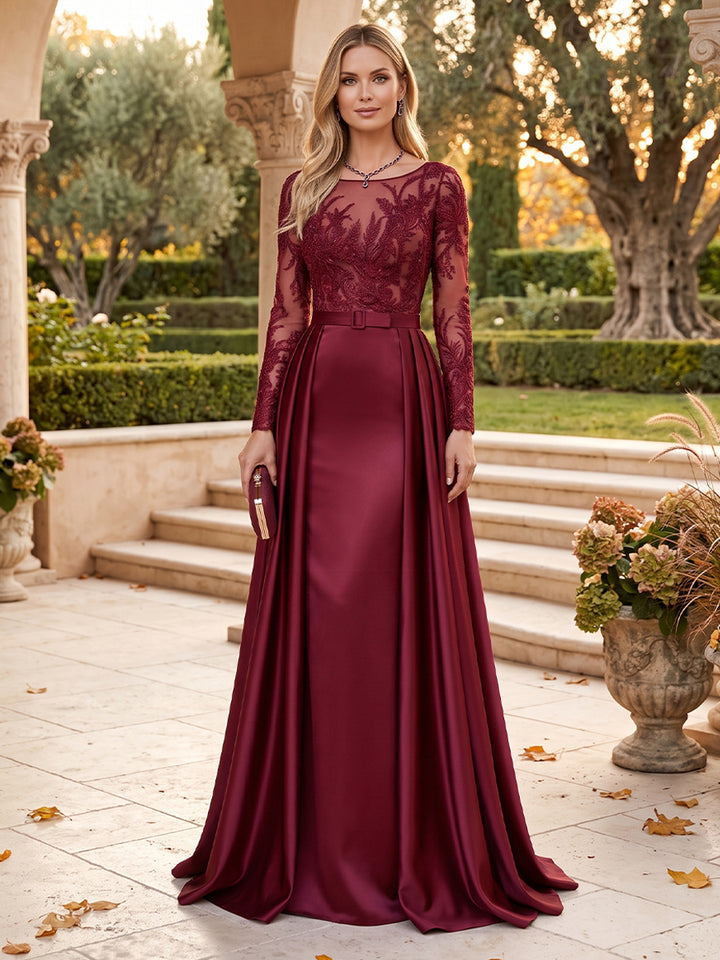 A-Line/Princess Scoop Long Sleeves Floor-Length Pleated Mother of the Bride Dresses with Appliques &amp; Blet