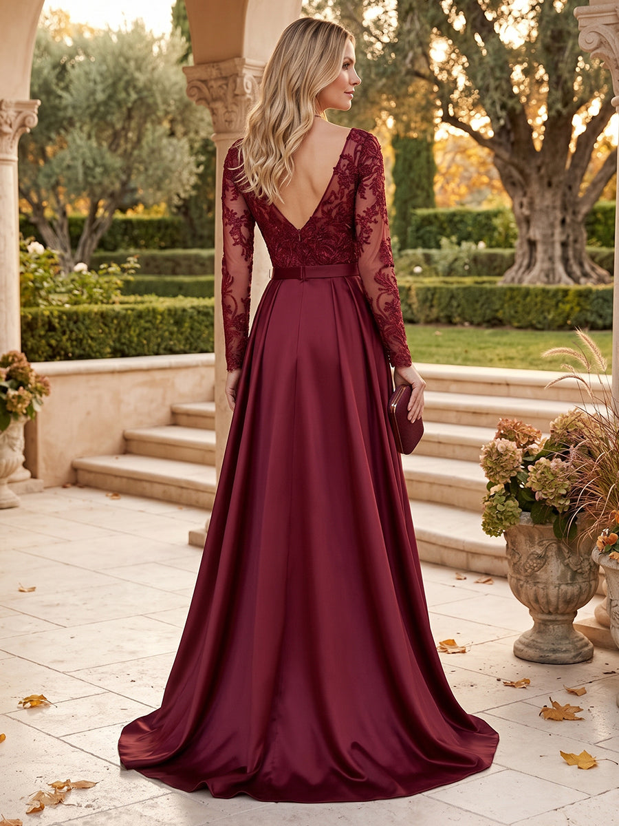 A-Line/Princess Scoop Long Sleeves Floor-Length Pleated Mother of the Bride Dresses with Appliques &amp; Blet