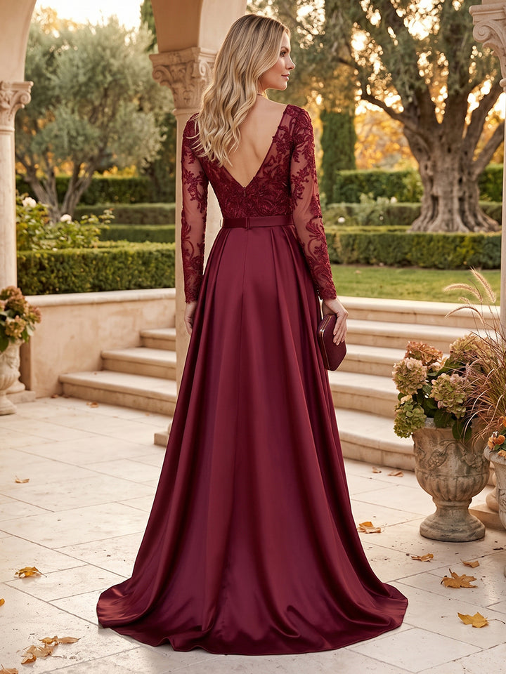 A-Line/Princess Scoop Long Sleeves Floor-Length Pleated Mother of the Bride Dresses with Appliques &amp; Blet