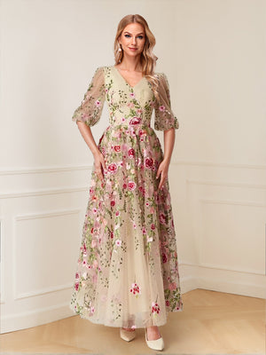 A-Line/Princess V-Neck Half Sleeves Floor-Length Floral Mother of the Bride Dresses