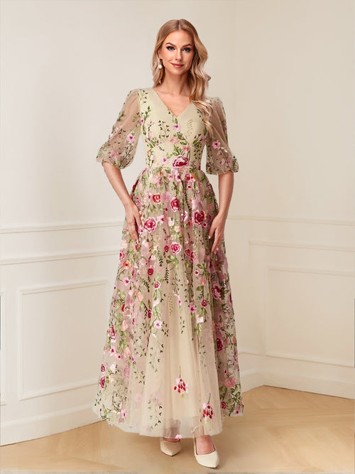A-Line/Princess V-Neck Half Sleeves Floor-Length Floral Mother of the Bride Dresses