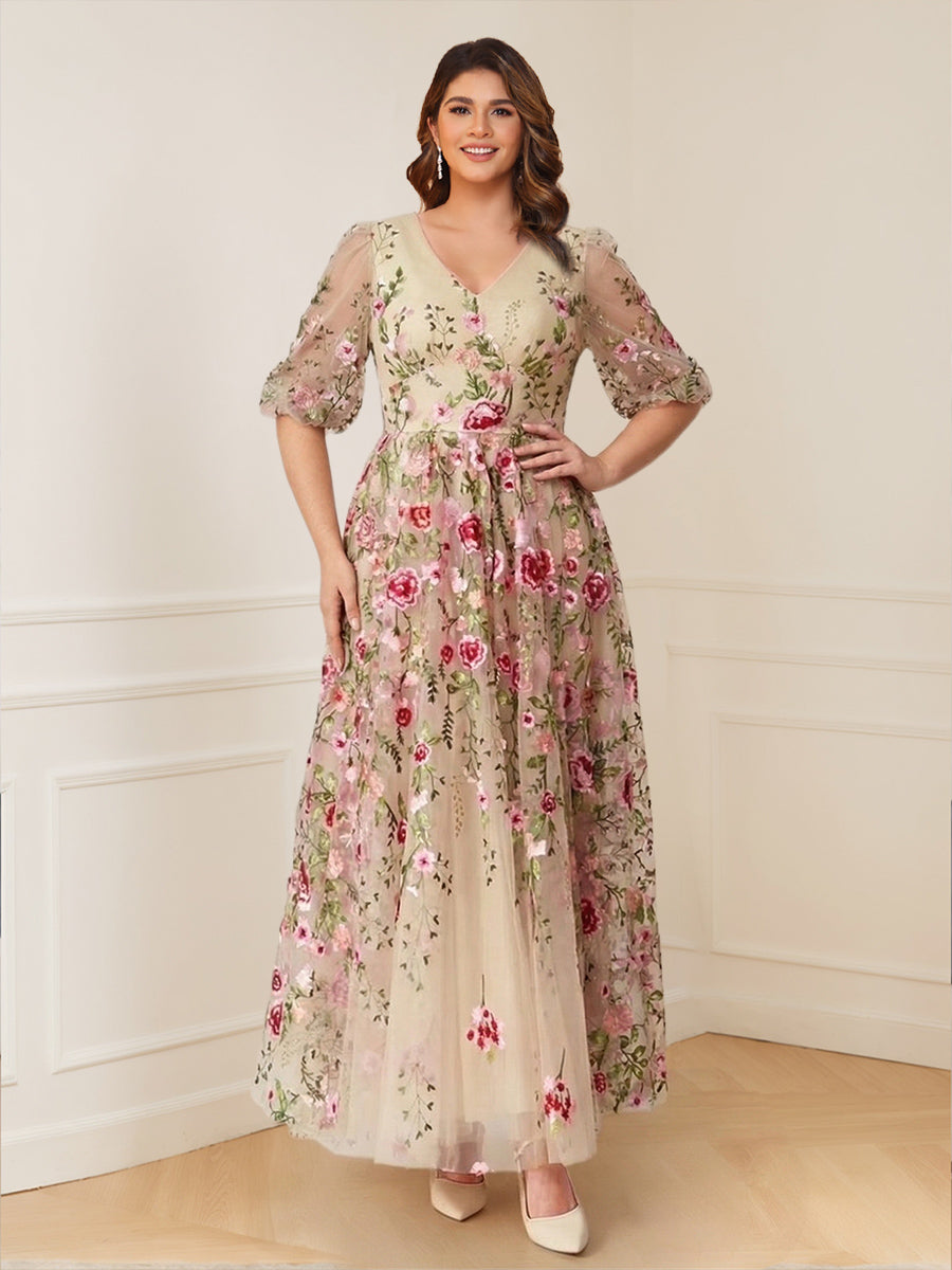 A-Line/Princess V-Neck Half Sleeves Floor-Length Floral Plus Size Mother of the Bride Dresses