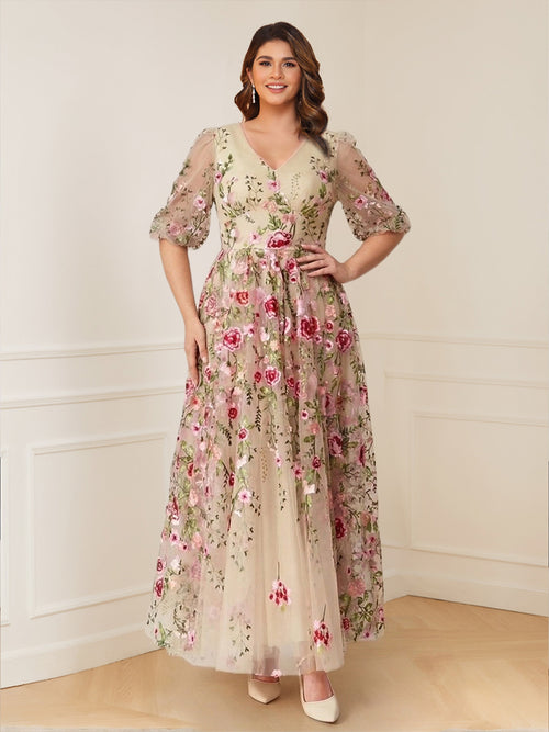 A-Line/Princess V-Neck Half Sleeves Floor-Length Floral Plus Size Mother of the Bride Dresses