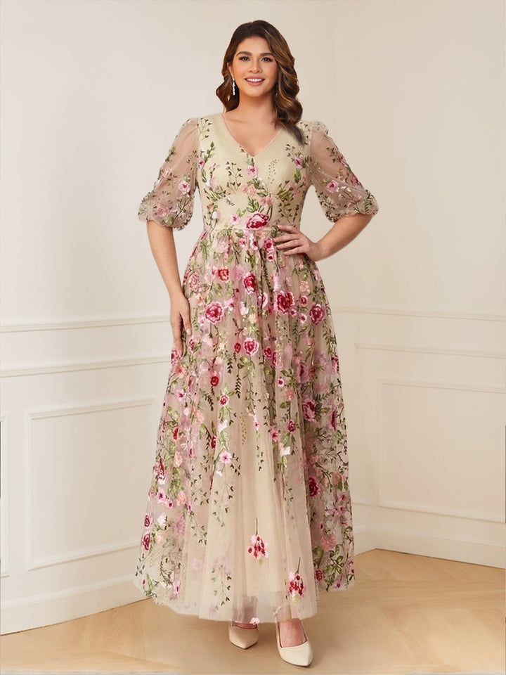 A-Line/Princess V-Neck Half Sleeves Floor-Length Floral Plus Size Mother of the Bride Dresses
