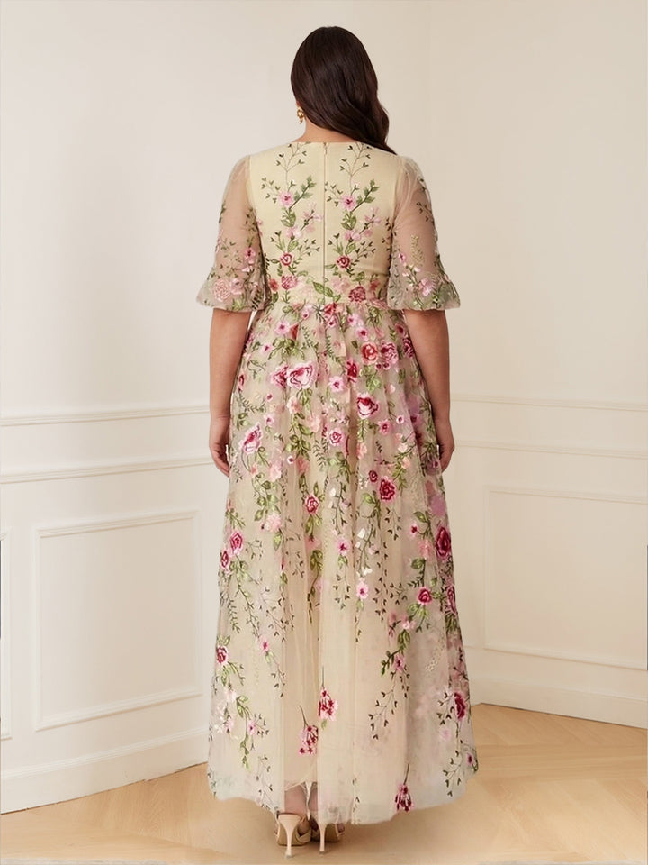 A-Line/Princess V-Neck Half Sleeves Floor-Length Floral Plus Size Mother of the Bride Dresses