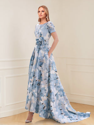 A-Line/Princess Scoop Short Sleeves Printed Floral Mother of the Bride Dresses with Pockets