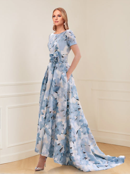 A-Line/Princess Scoop Short Sleeves Printed Floral Mother of the Bride Dresses with Pockets
