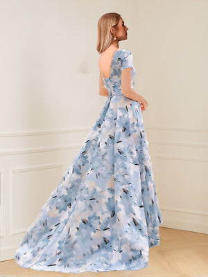 A-Line/Princess Scoop Short Sleeves Printed Floral Mother of the Bride Dresses with Pockets