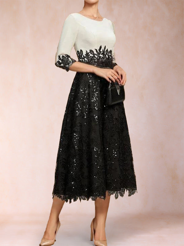 A-Line/Princess Scoop Half Sleeves Tea-Length Mother of the Bride Dresses with Appliques