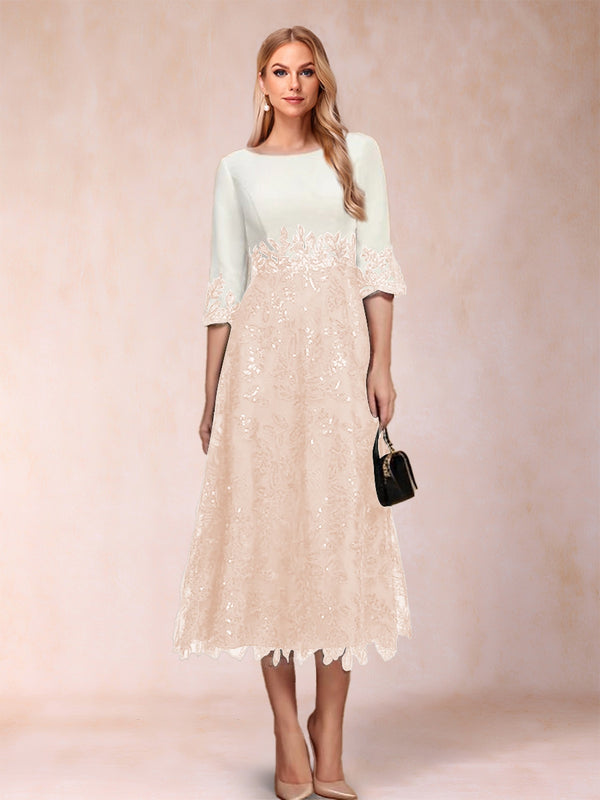 A-Line/Princess Scoop Half Sleeves Tea-Length Mother of the Bride Dresses with Appliques