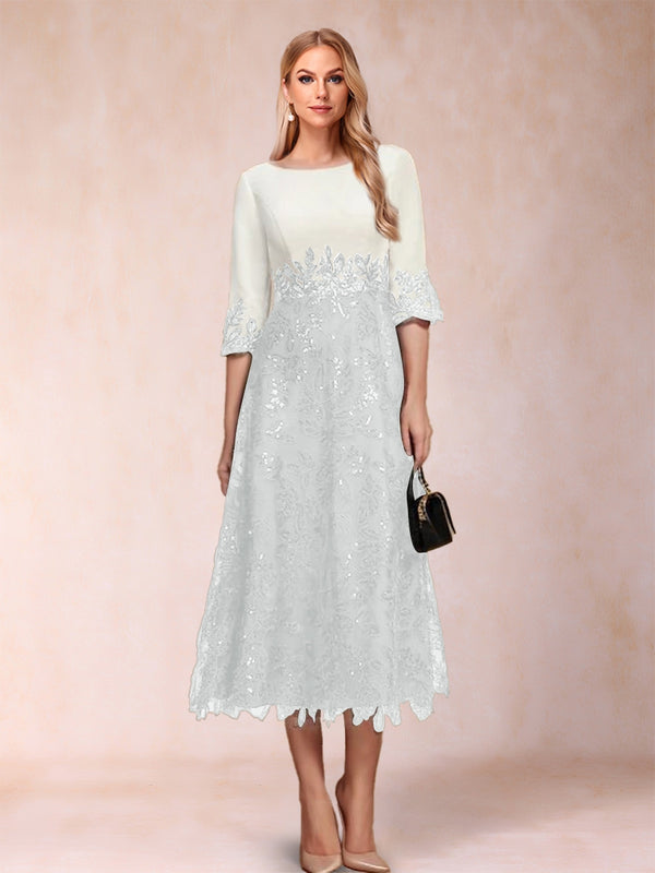 A-Line/Princess Scoop Half Sleeves Tea-Length Mother of the Bride Dresses with Appliques