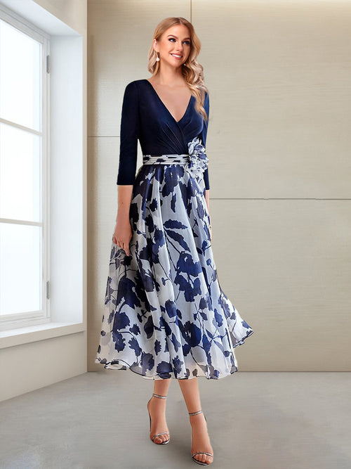 A-Line/Princess V-Neck 3/4 Sleeves Tea-Length Printed Floral Mother of the Bride Dresses
