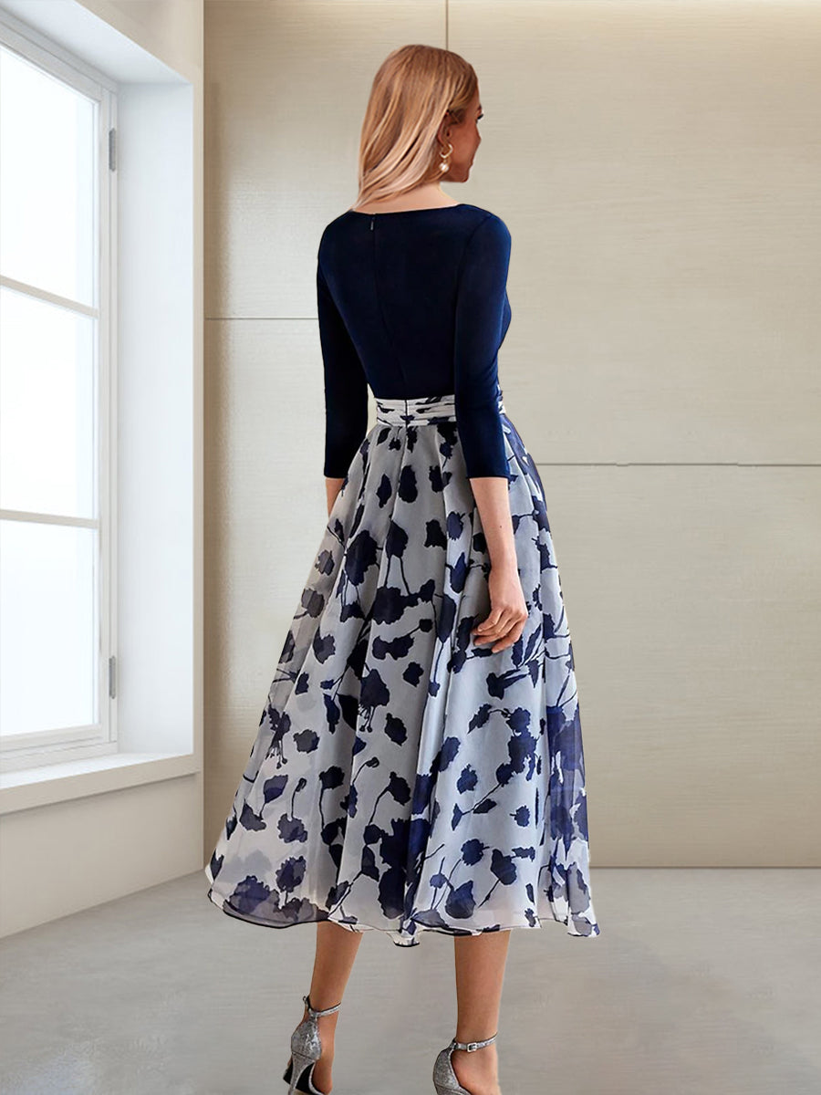 A-Line/Princess V-Neck 3/4 Sleeves Tea-Length Printed Floral Mother of the Bride Dresses