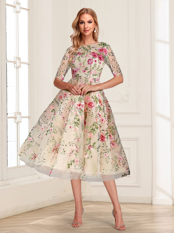 A-Line/Princess Scoop Half Sleeves Tea-Length Vintage Mother of the Bride Dresses with Embroidery Appliques