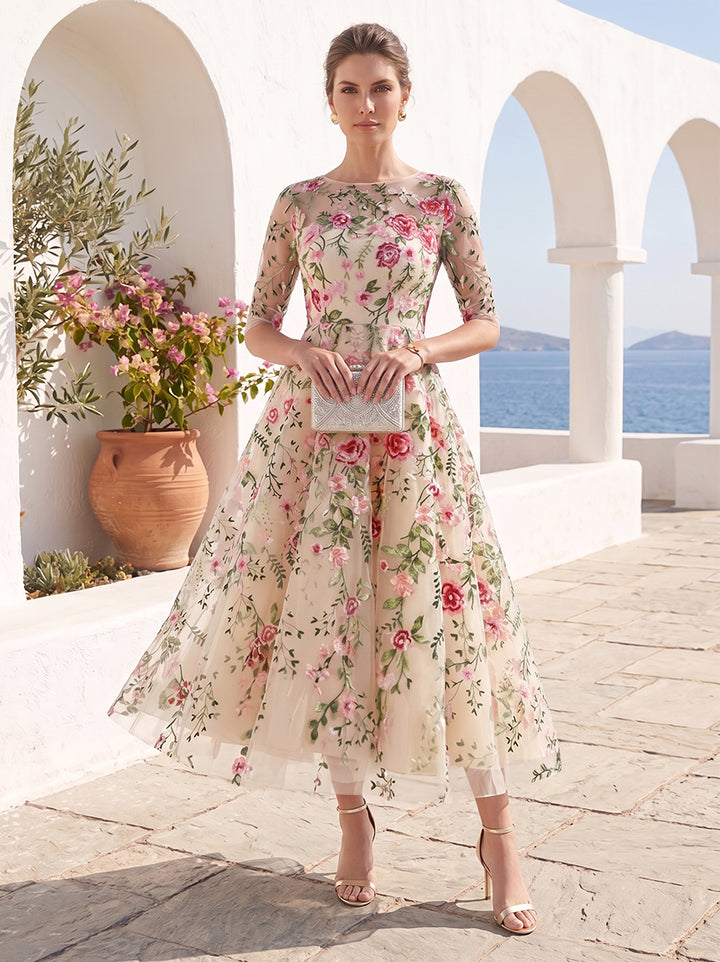 A-Line/Princess Scoop Half Sleeves Tea-Length Vintage Mother of the Bride Dresses with Embroidery Appliques