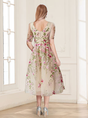 A-Line/Princess Scoop Half Sleeves Tea-Length Vintage Mother of the Bride Dresses with Embroidery Appliques